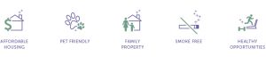 Affordable housing, pet friendly, family property, smoke free, healthy opportunities