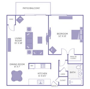 Bedroom 12' x 13' with walk-in closet. Kitchen 6' x 6'6". Dining room 8' x 7'. Living room 15' x 18'. 1 bath. 1 linen closet. 1 closet. Patio/Balcony.