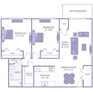 Bedroom 11' x 12' with closet. Bedroom 11' x 12' with closet. Kitchen 7'6" x 8'. Dining room 12'6" x 11'. Living room 12' x 15'. 1 bath. 1 linen closet. 1 walk-in closet. 1 closet. Patio/Balcony.