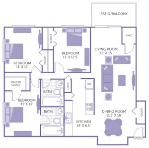 Bedroom 11' x 12' with walk-in closet. Bedroom 11' x 12' with closet. Bedroom 11' x 12'6" with closet. Kitchen 14' x 6'5". Dining room 11'6" x 16'. Living room 12' x 15'. 2 bath. 1 linen closet. 1 closet. Patio/Balcony.