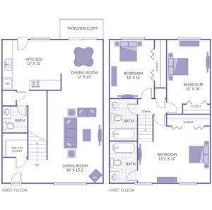 Bedroom 13'5" x 12' with closet. Bedroom 12' x 10' with closet. Bedroom 10' x 11' with closet. Kitchen 12' x 11'. Dining room 12' x 10'. Living room 18' x 13'5". 2 1/2 bath. 1 walk-in closet. Patio/Balcony.